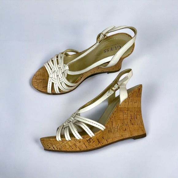 Womens Guess White Platform Sandal 8 Cork Leather 4 Inch Summer Straps Wedge - Picture 5 of 10
